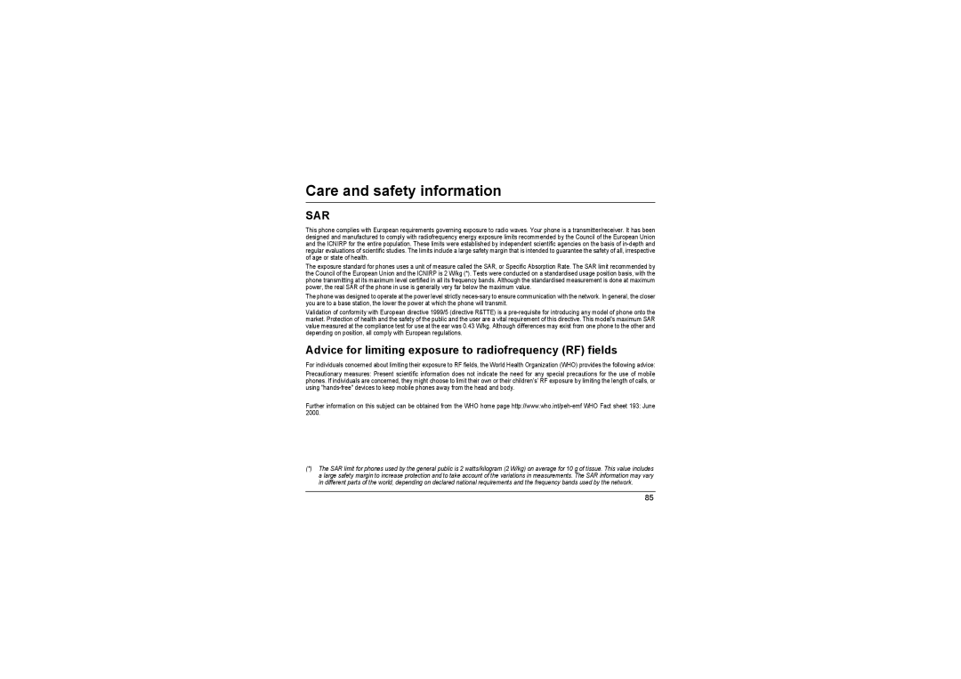 Sagem MyX-8 manual Sar, Advice for limiting exposure to radiofrequency RF fields 