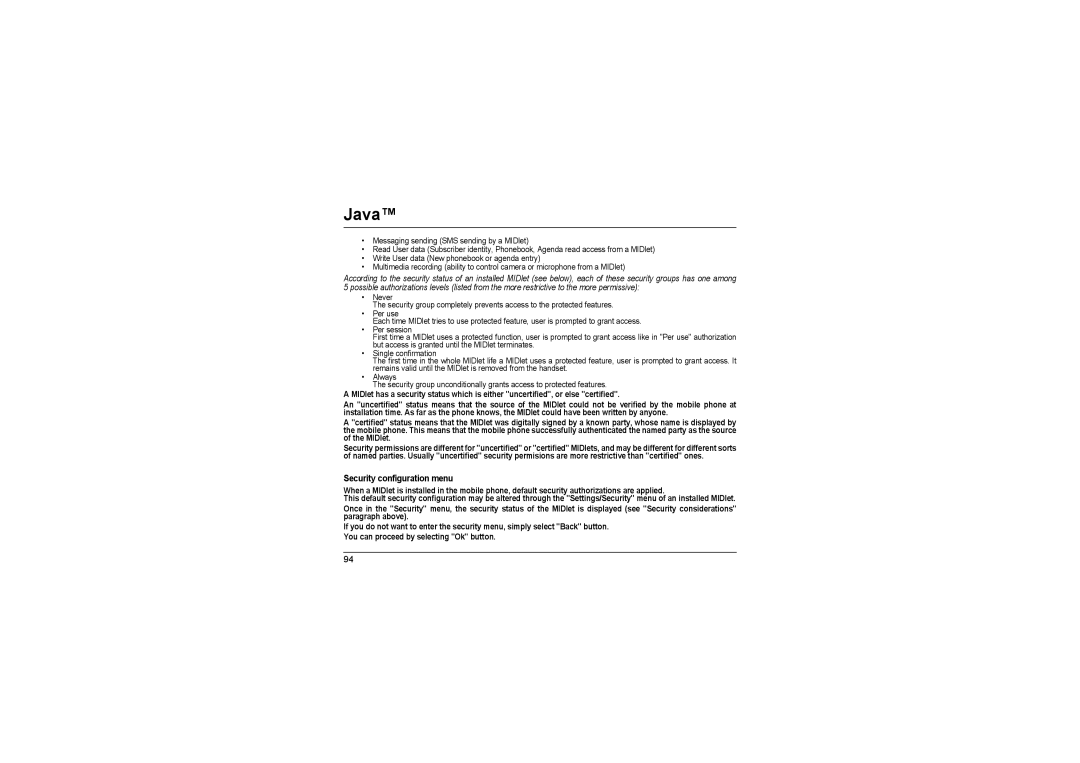 Sagem MyX-8 manual Security configuration menu 