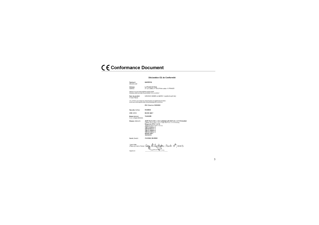 Sagem MyX2-2m manual Conformance Document 