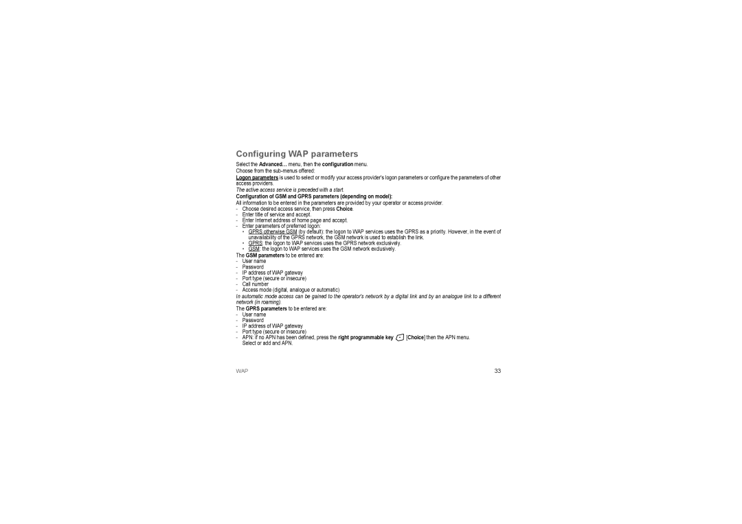 Sagem MyX2-2m manual Configuring WAP parameters, Configuration of GSM and Gprs parameters depending on model 