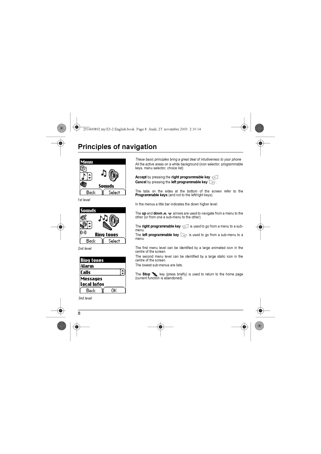 Sagem myX3-2 manual Principles of navigation, 1st level, 2nd level, 3nd level 