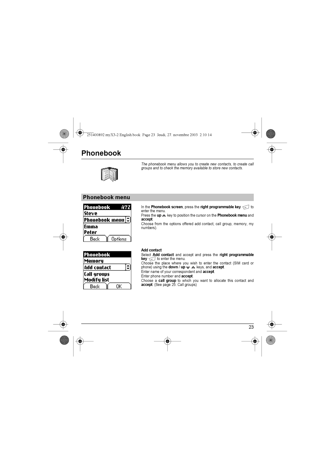 Sagem myX3-2 manual Phonebook menu, Add contact 