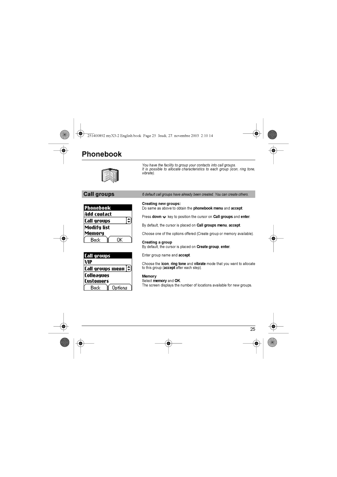 Sagem myX3-2 manual Call groups, Creating new groups, Creating a group, Memory 