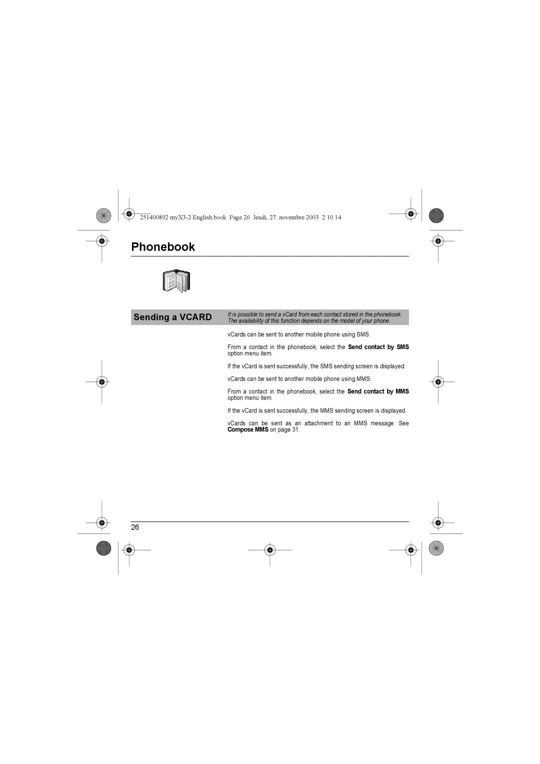 Sagem myX3-2 manual VCards can be sent to another mobile phone using SMS, Option menu item 