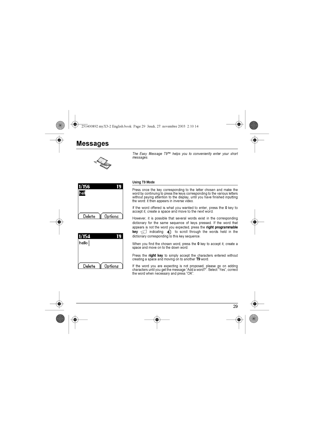 Sagem myX3-2 manual Using T9 Mode, Key 