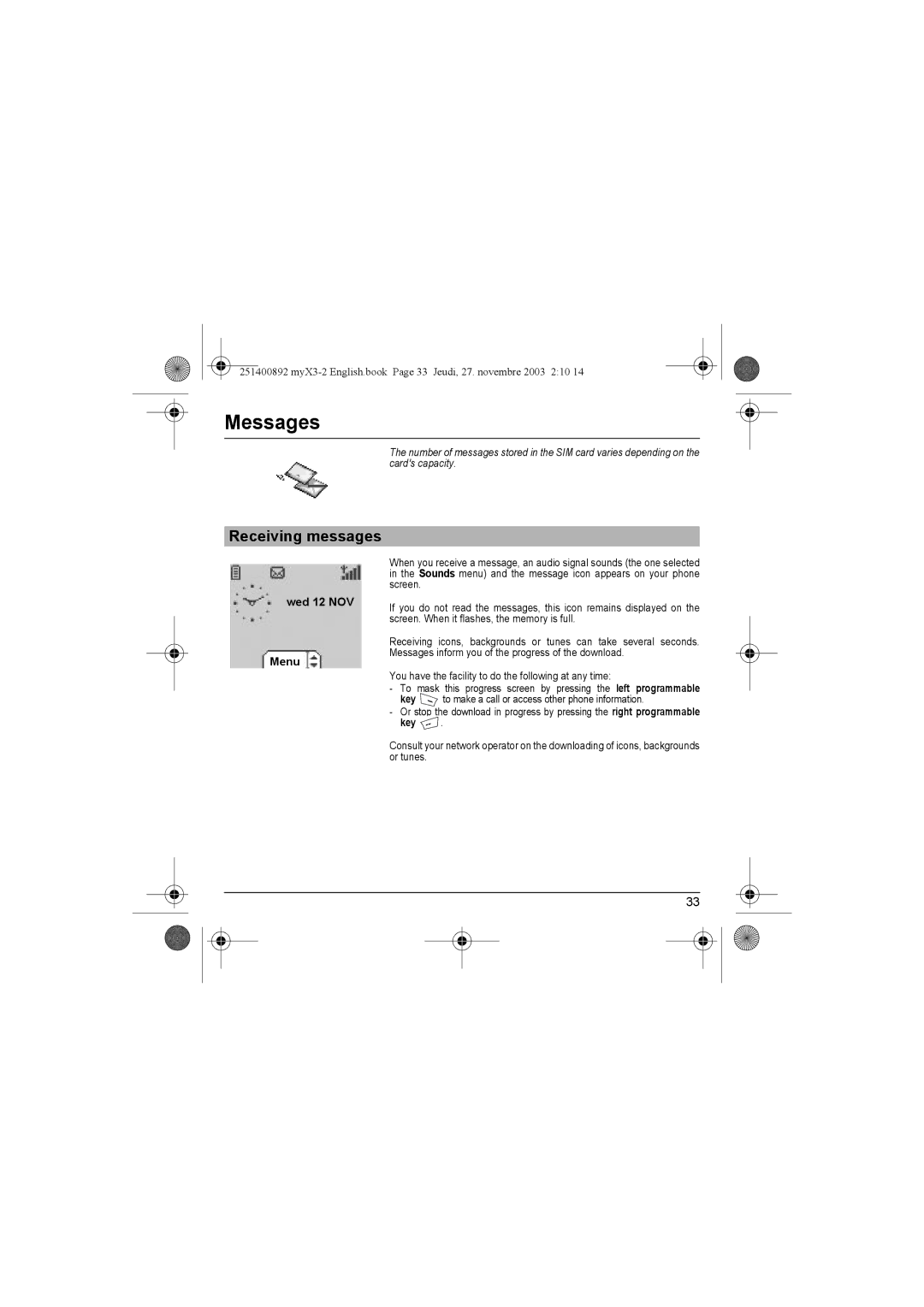 Sagem myX3-2 manual Receiving messages, Key 