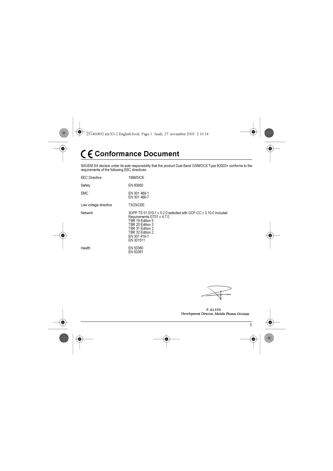 Sagem myX3-2 manual Conformance Document, Emc 