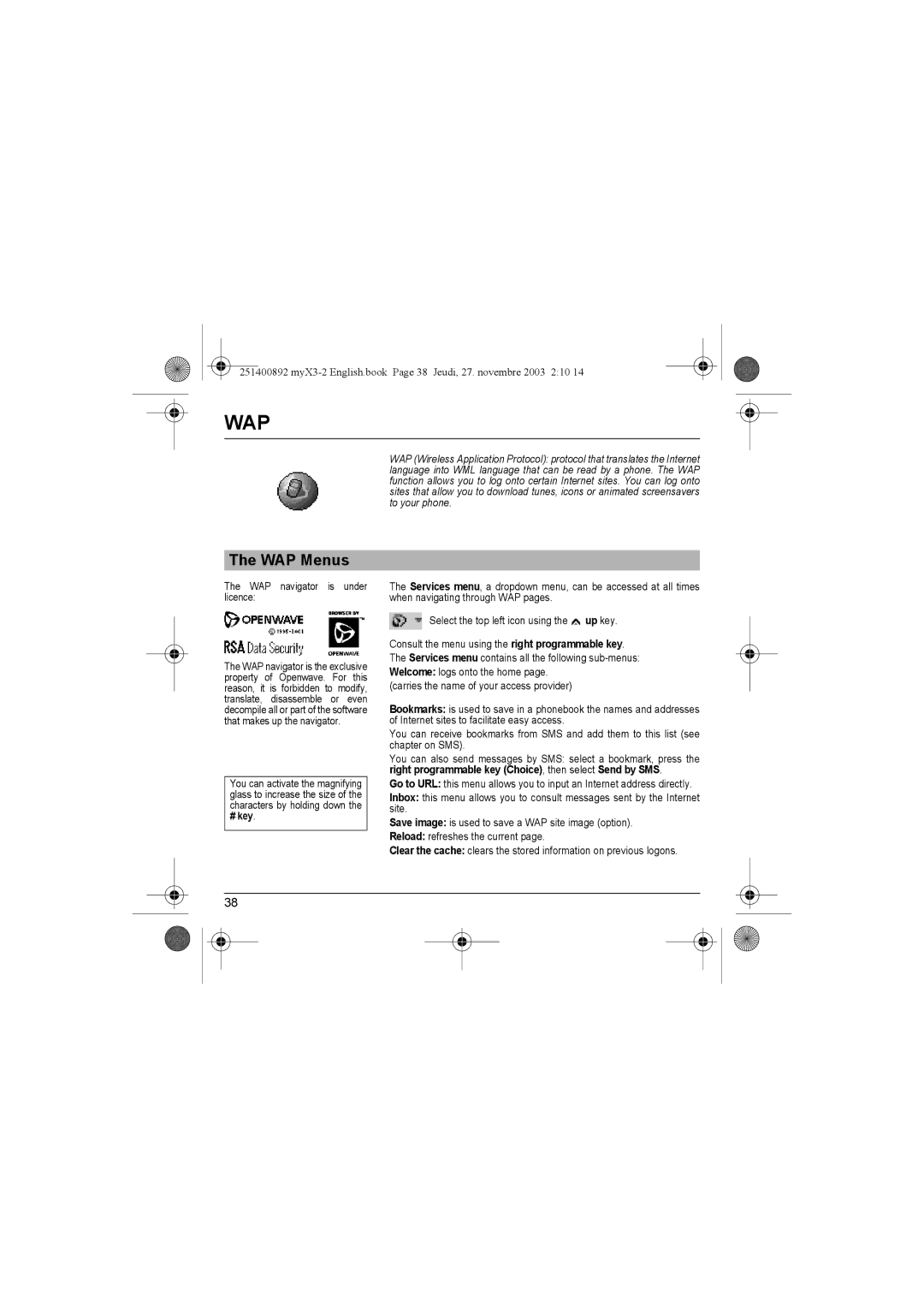 Sagem myX3-2 manual WAP Menus, # key 