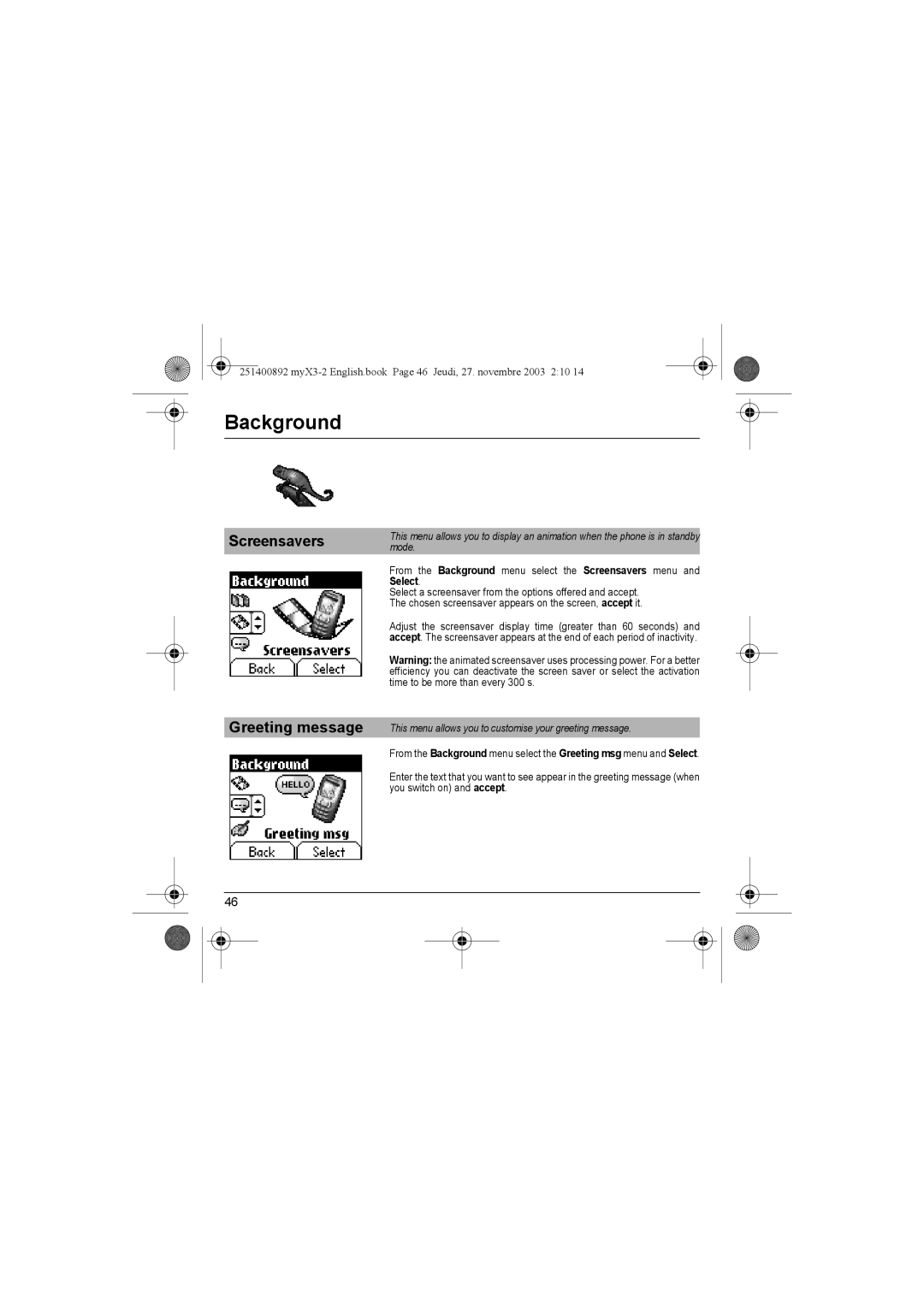 Sagem myX3-2 manual Screensavers Greeting message, This menu allows you to customise your greeting message 