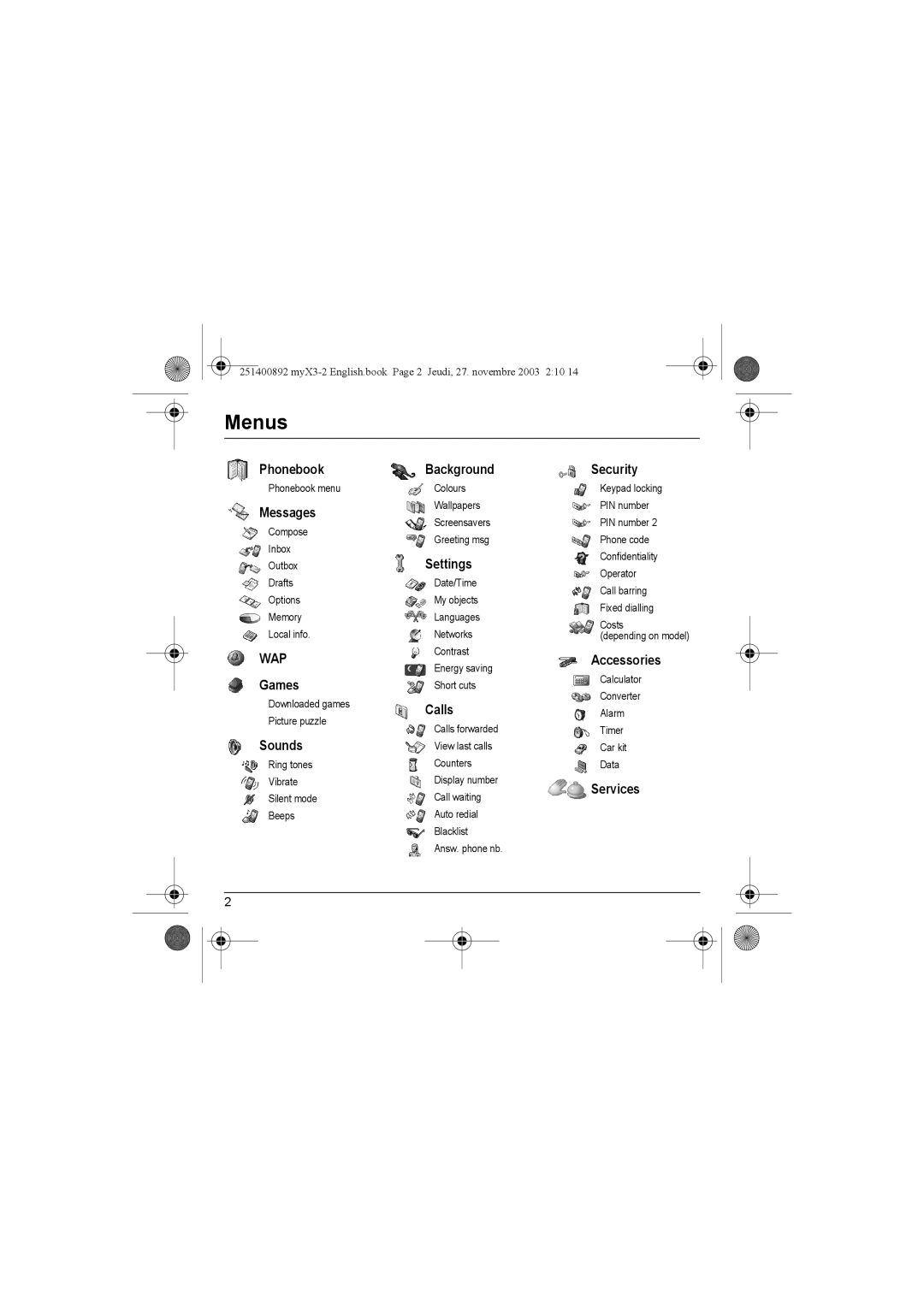 Sagem myX3-2 manual Menus, Wap 