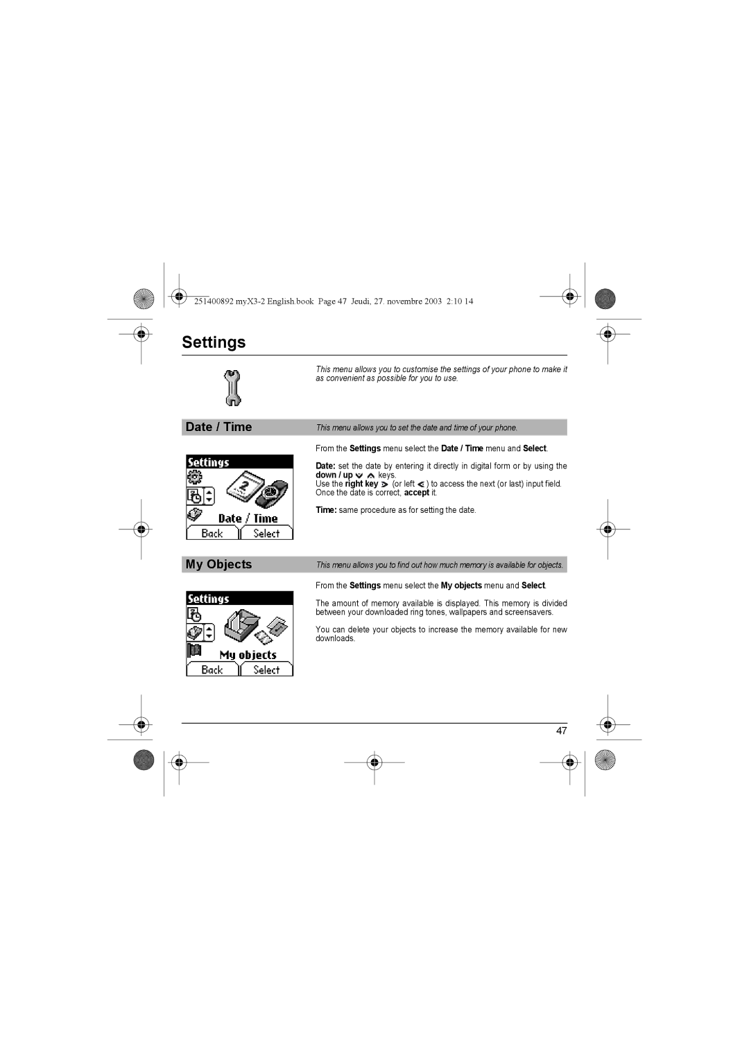Sagem myX3-2 manual Settings, Date / Time My Objects 