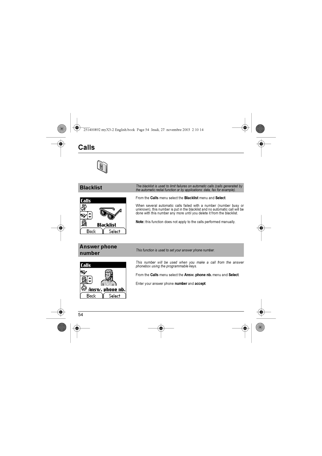 Sagem myX3-2 manual Blacklist Answer phone number, From the Calls menu select the Blacklist menu and Select 