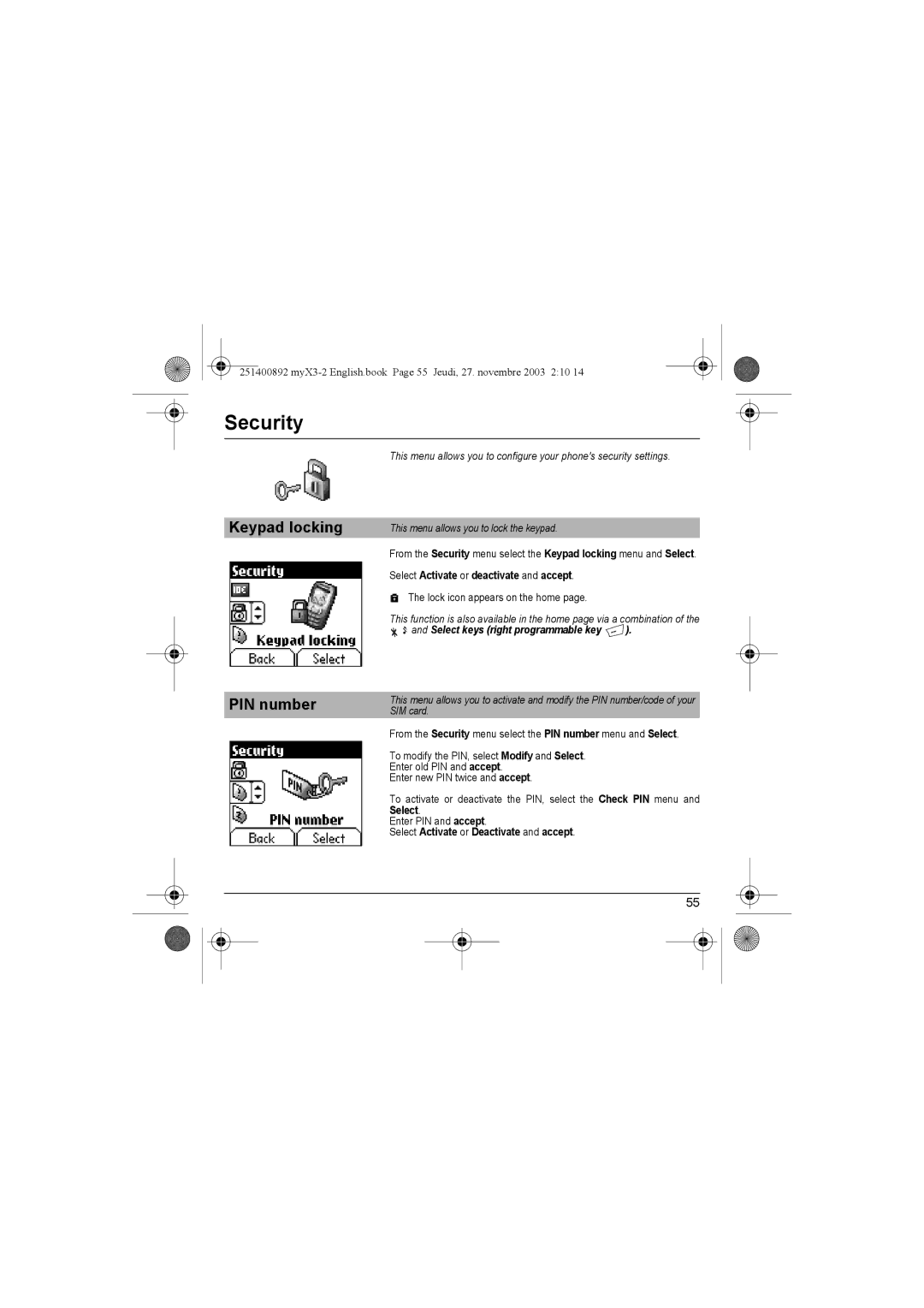 Sagem myX3-2 manual Security, Keypad locking PIN number, This menu allows you to lock the keypad 