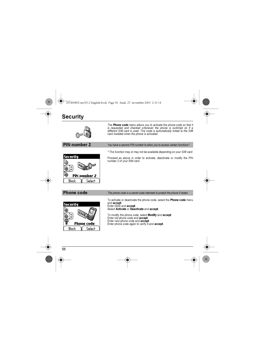 Sagem myX3-2 manual Phone code 