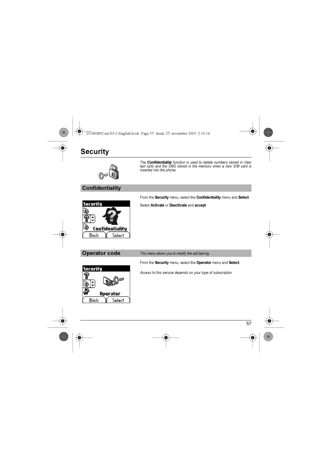 Sagem myX3-2 manual Confidentiality, Operator code, This menu allows you to modify the call barring 