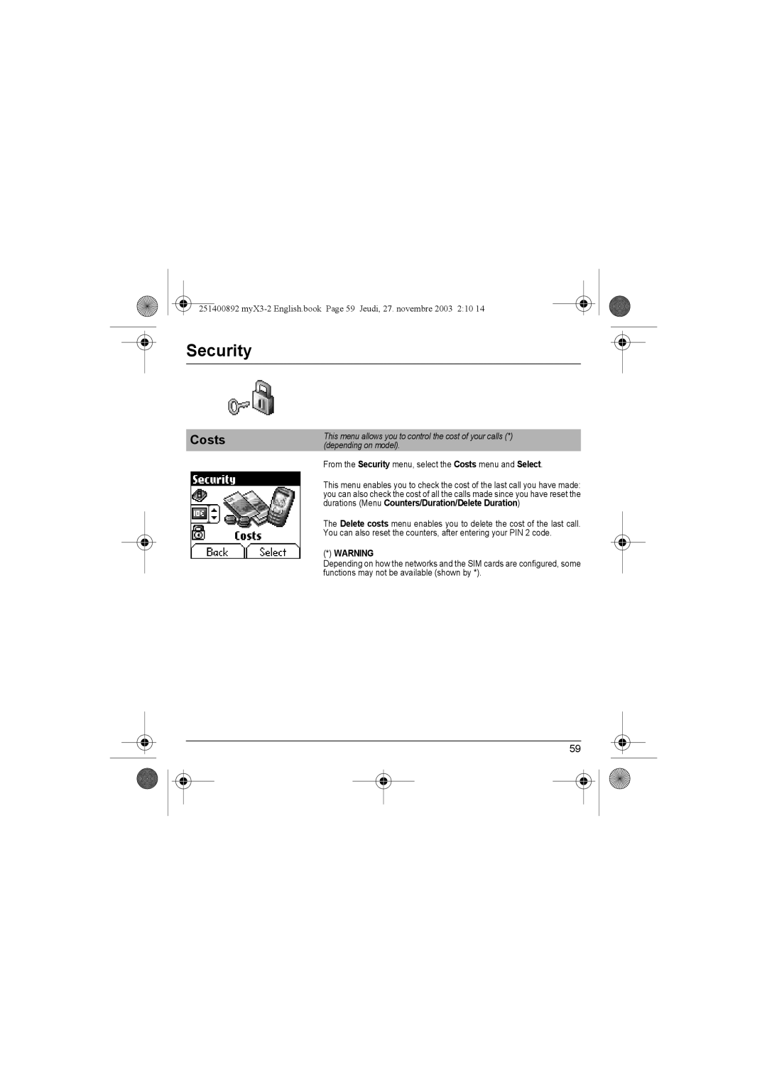 Sagem myX3-2 manual From the Security menu, select the Costs menu and Select 