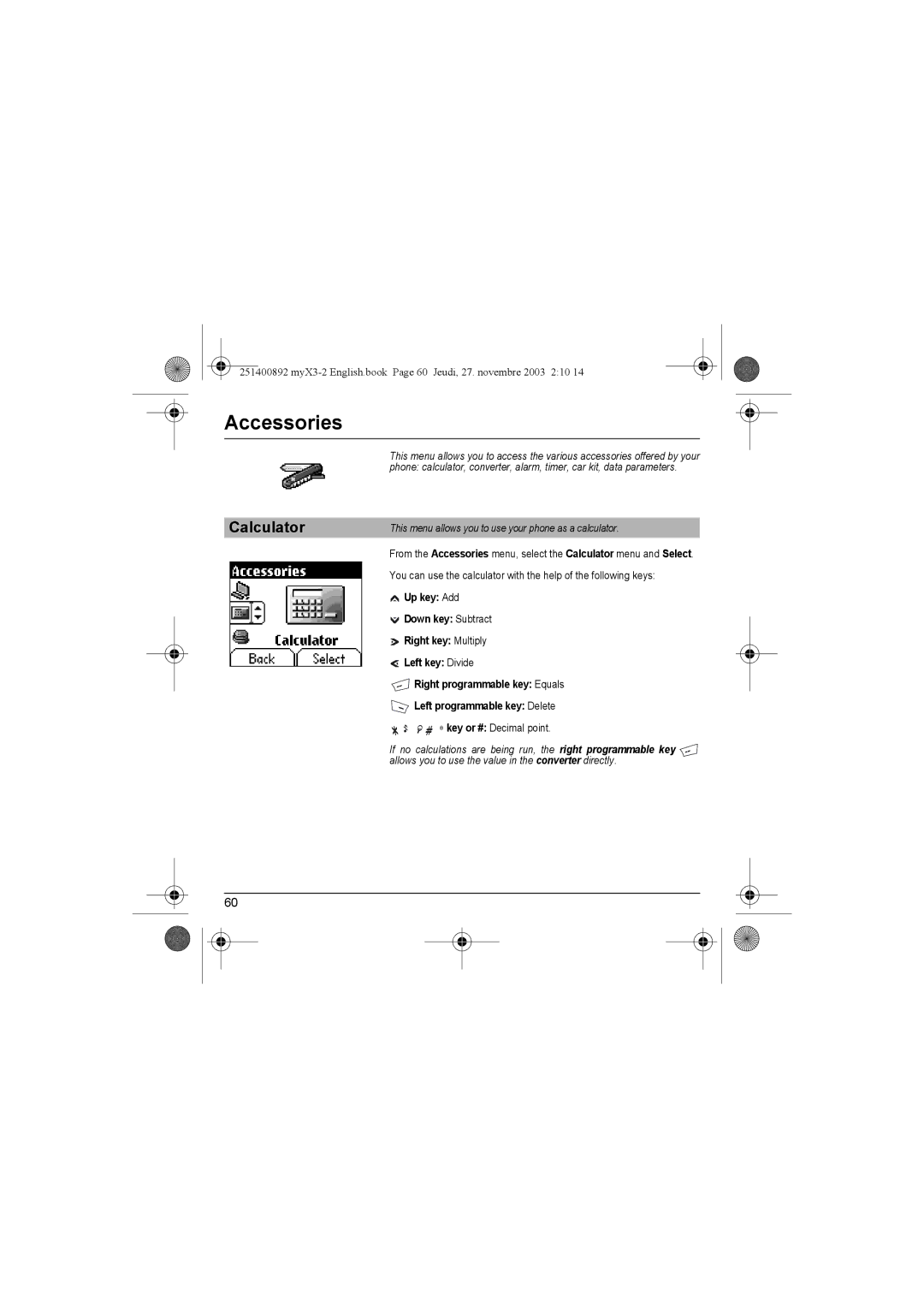 Sagem myX3-2 manual Calculator, This menu allows you to use your phone as a calculator 