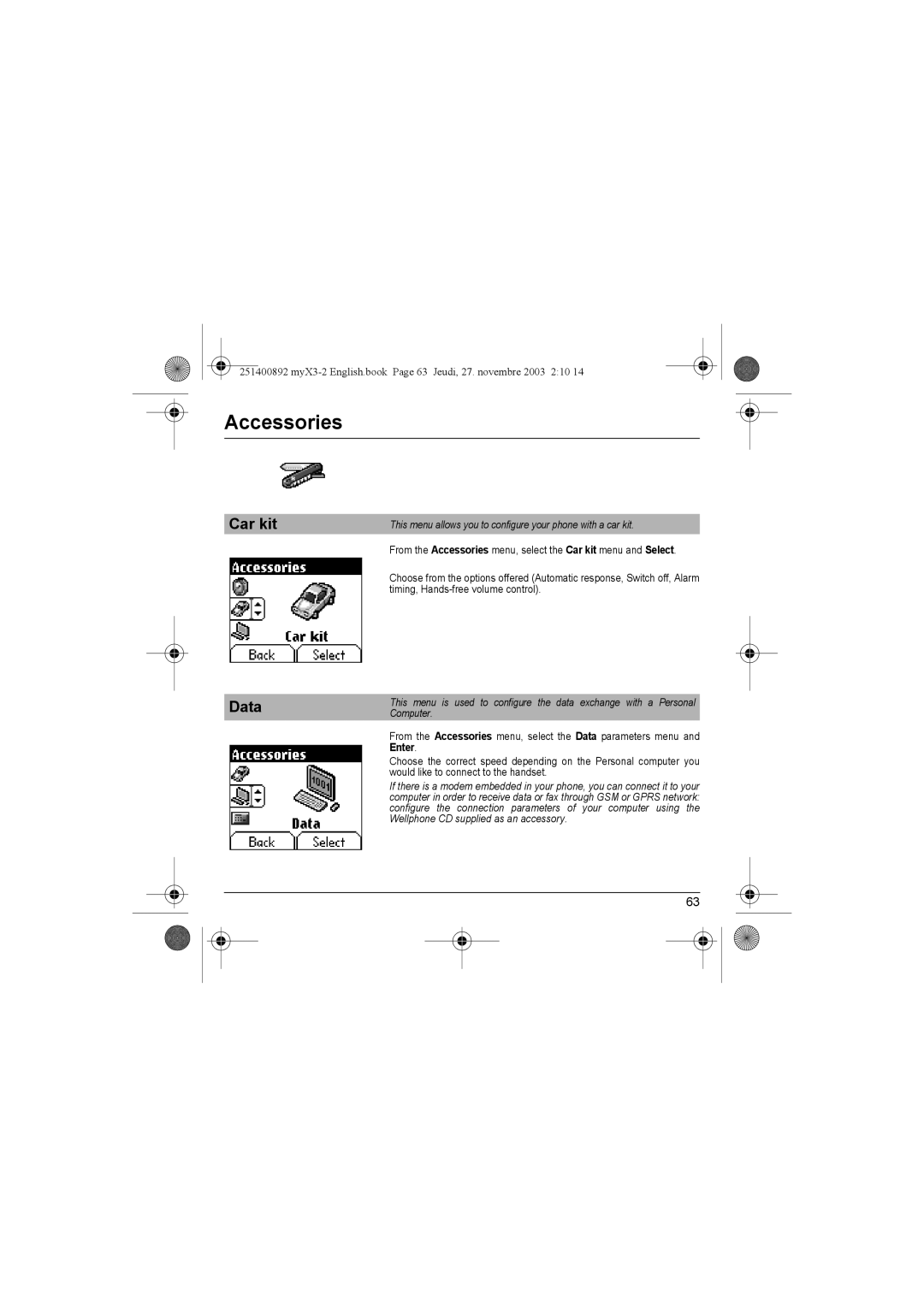 Sagem myX3-2 manual Car kit Data, This menu allows you to configure your phone with a car kit 