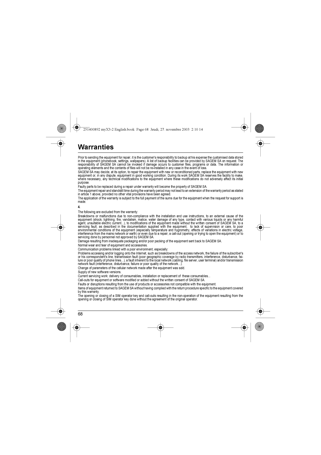 Sagem myX3-2 manual Warranties 