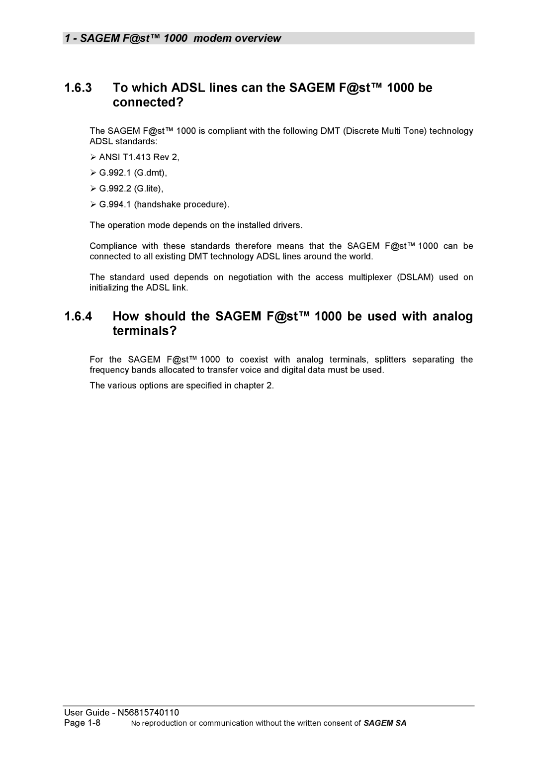 Sagem N56815740110 manual To which Adsl lines can the Sagem F@st 1000 be connected? 