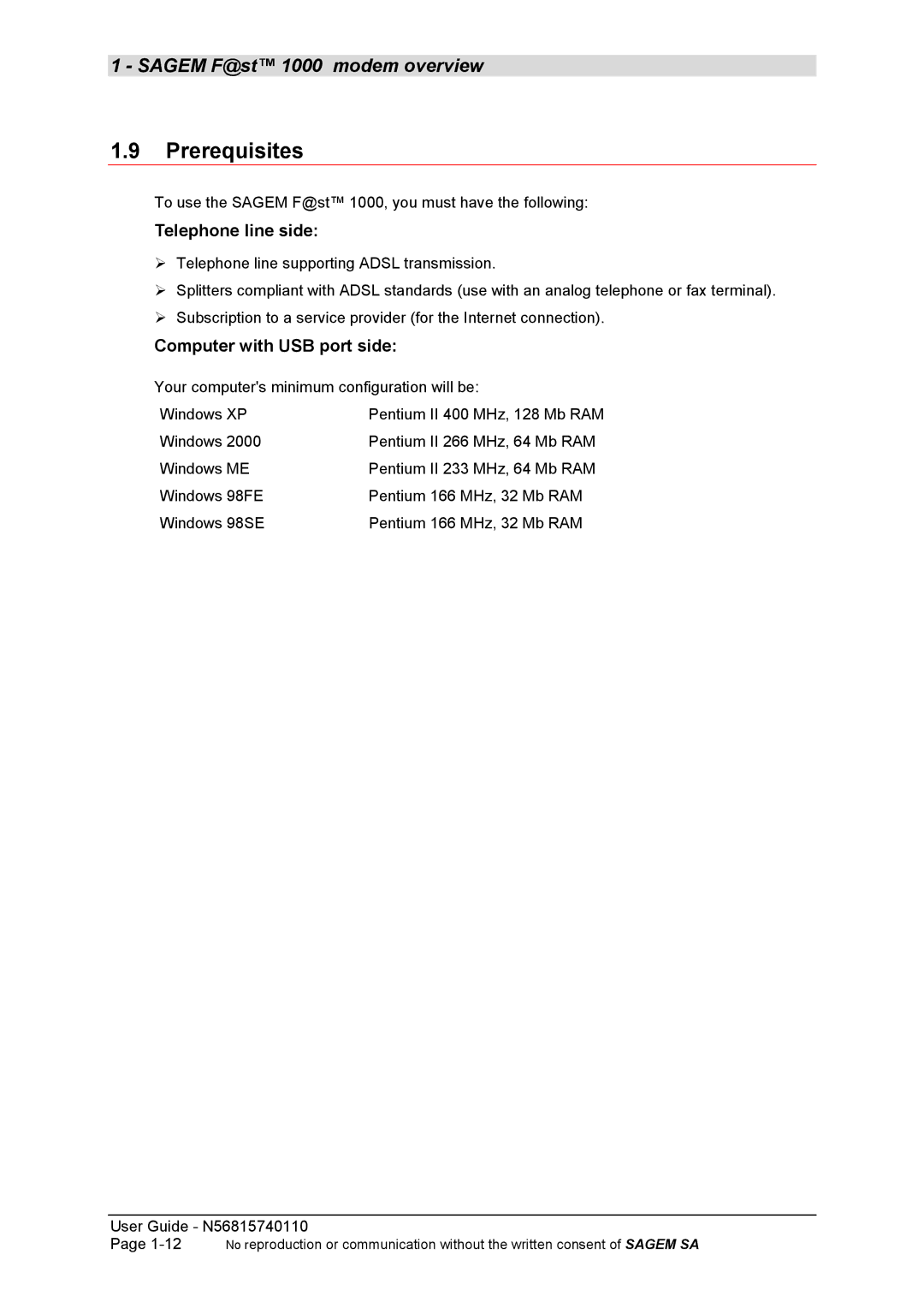 Sagem N56815740110 manual Prerequisites, Telephone line side 