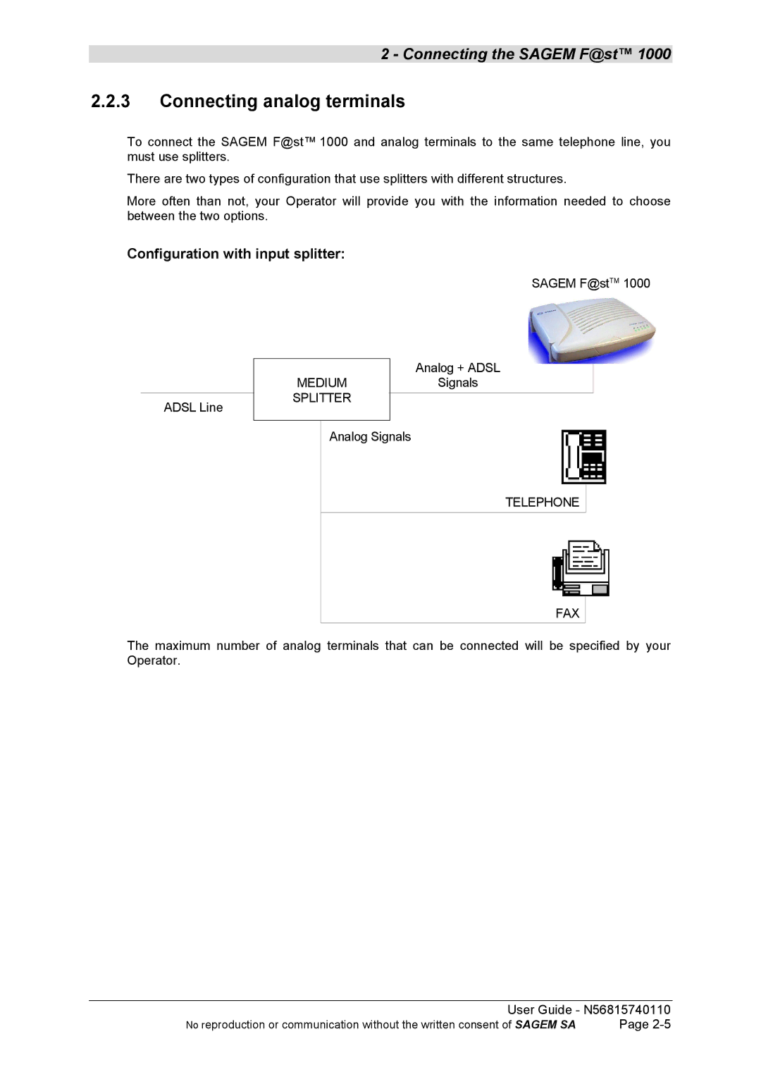 Sagem N56815740110 manual Connecting analog terminals, Configuration with input splitter 