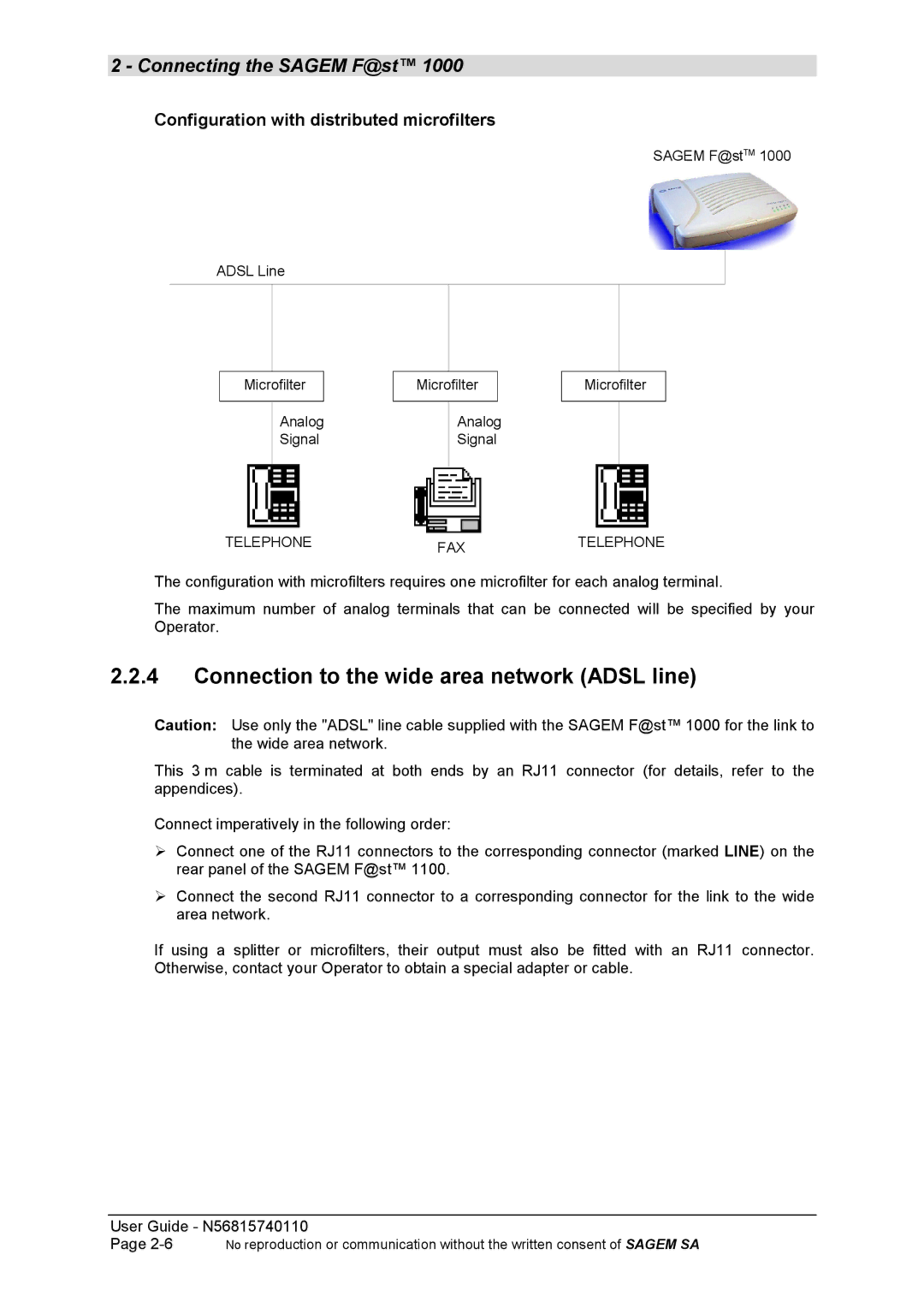 Sagem N56815740110 manual Connection to the wide area network Adsl line, Configuration with distributed microfilters 