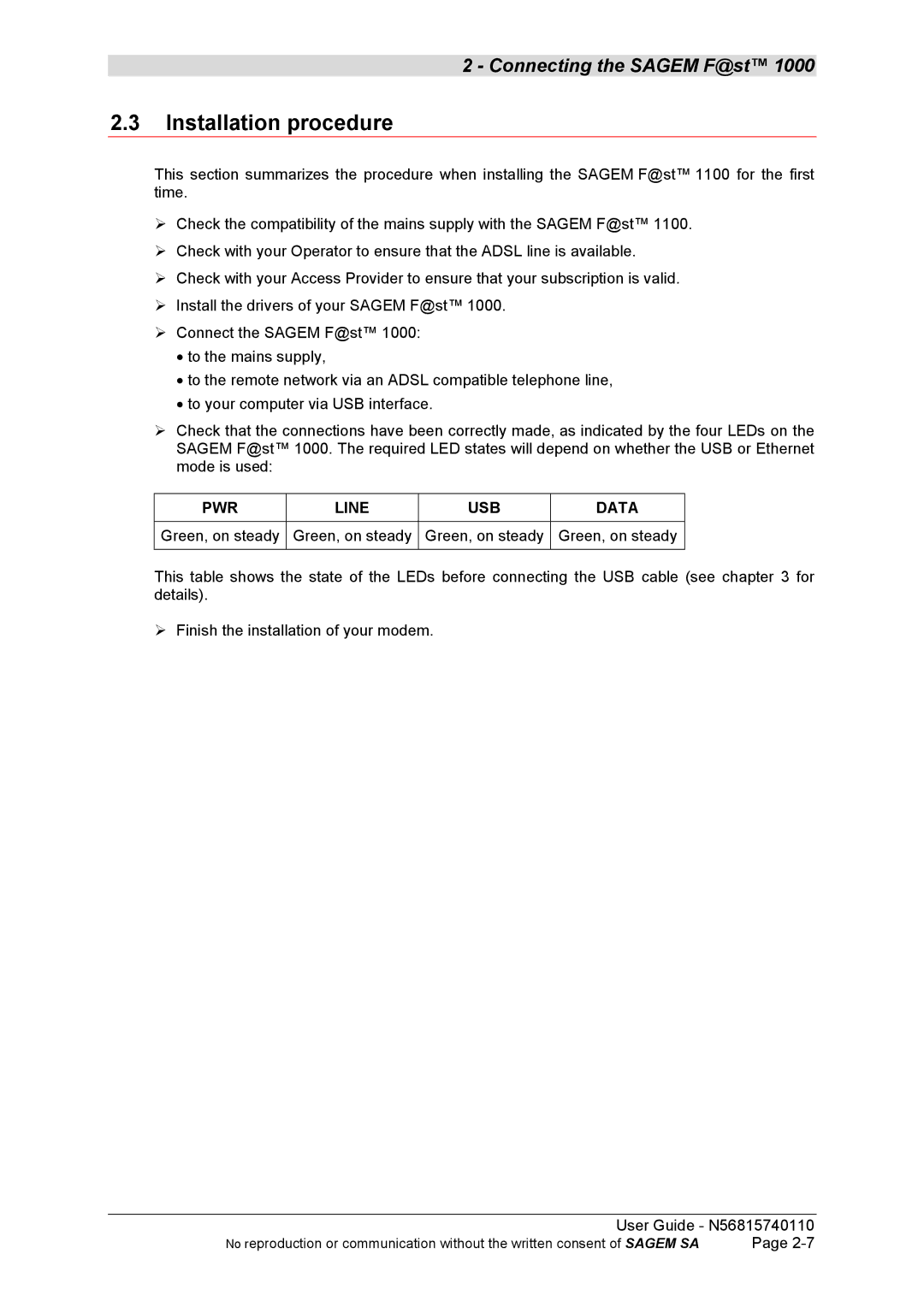 Sagem N56815740110 manual Installation procedure, Green, on steady 