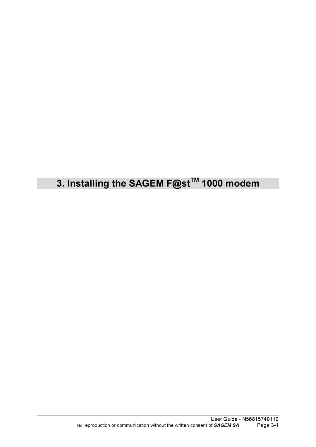 Sagem N56815740110 manual Installing the Sagem F@stTM 1000 modem 