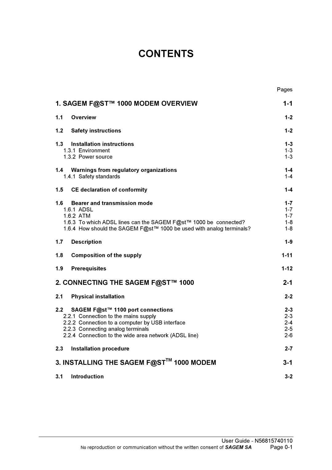 Sagem N56815740110 manual Contents 