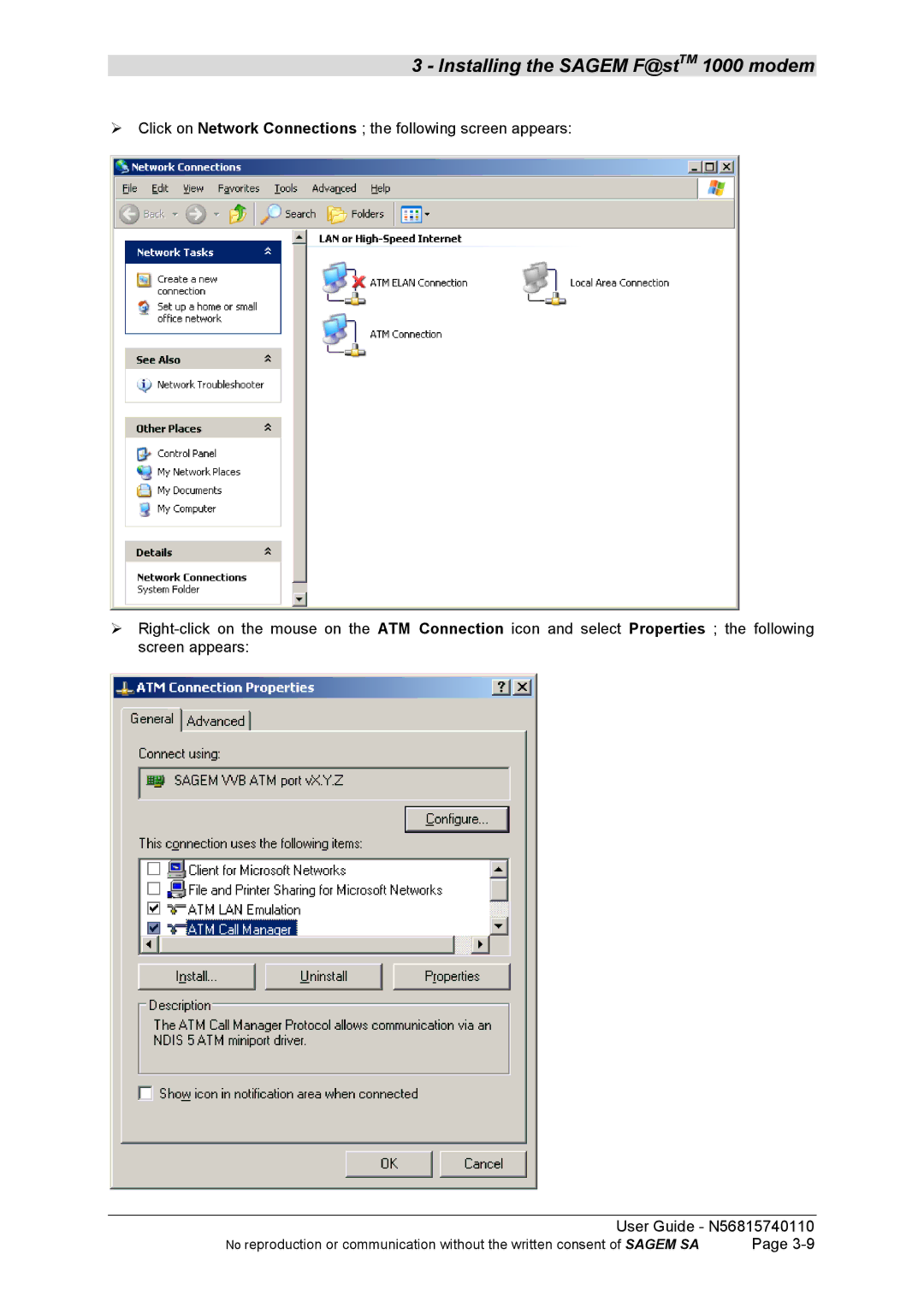 Sagem N56815740110 manual Installing the Sagem F@stTM 1000 modem 