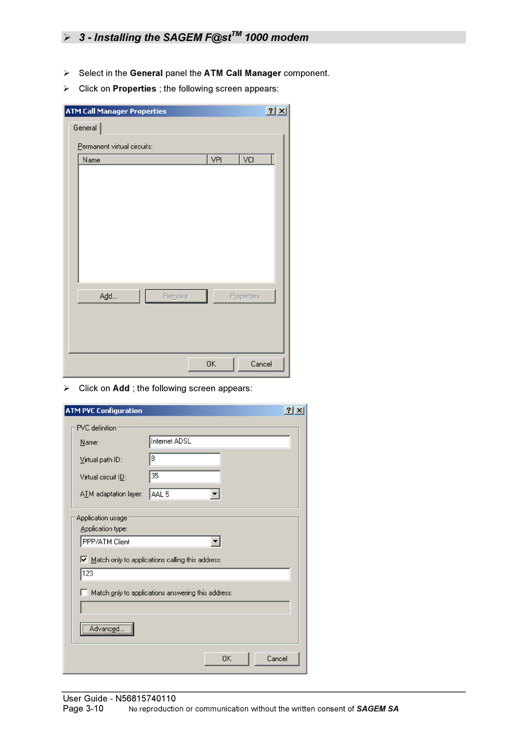 Sagem N56815740110 manual Installing the Sagem F@stTM 1000 modem 