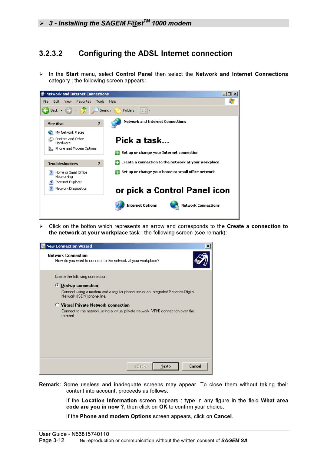 Sagem N56815740110 manual Configuring the Adsl Internet connection 