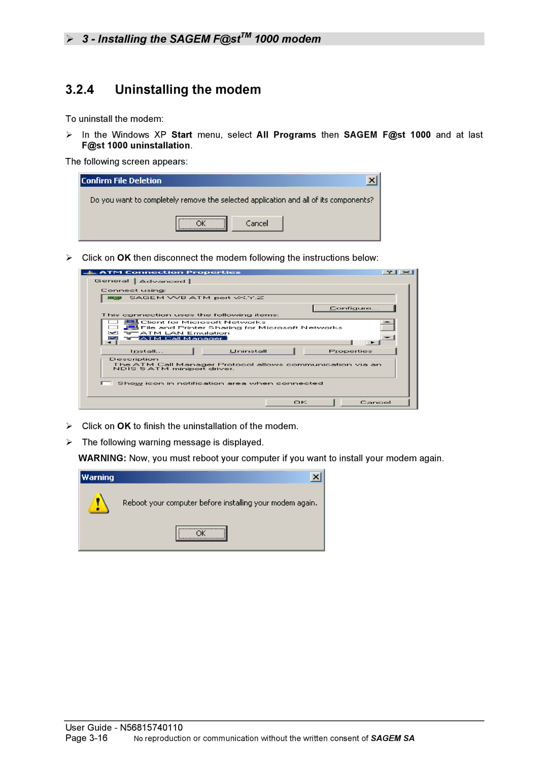 Sagem N56815740110 manual Uninstalling the modem 