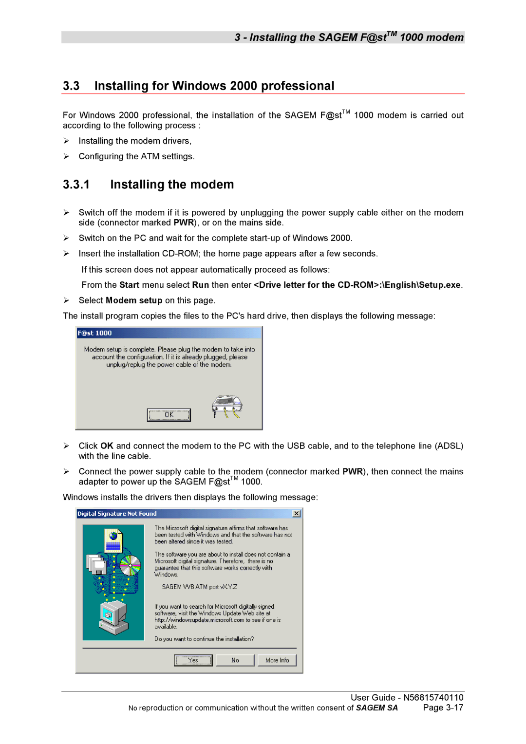 Sagem N56815740110 manual Installing for Windows 2000 professional, Installing the modem 