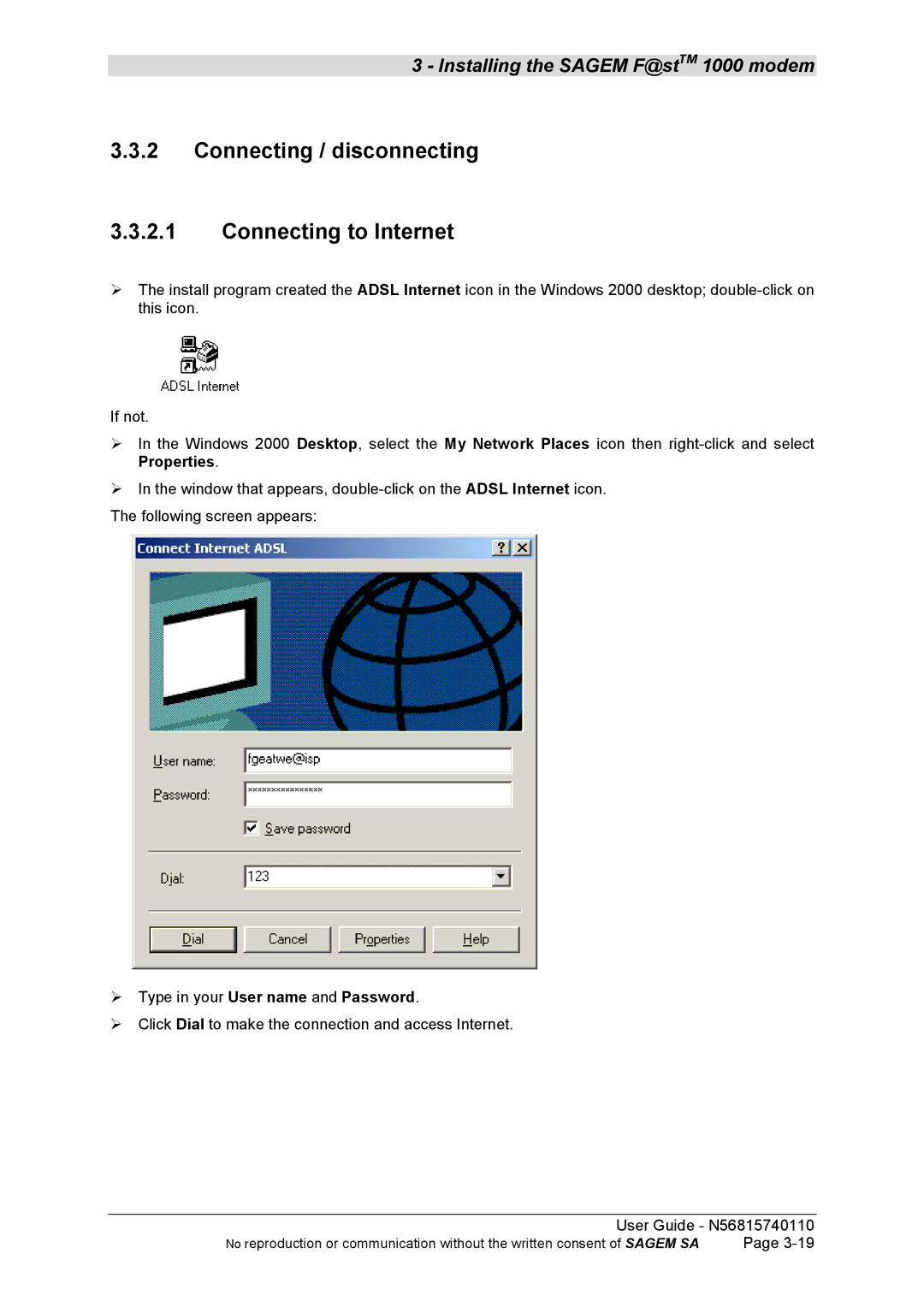 Sagem N56815740110 manual Connecting / disconnecting Connecting to Internet 