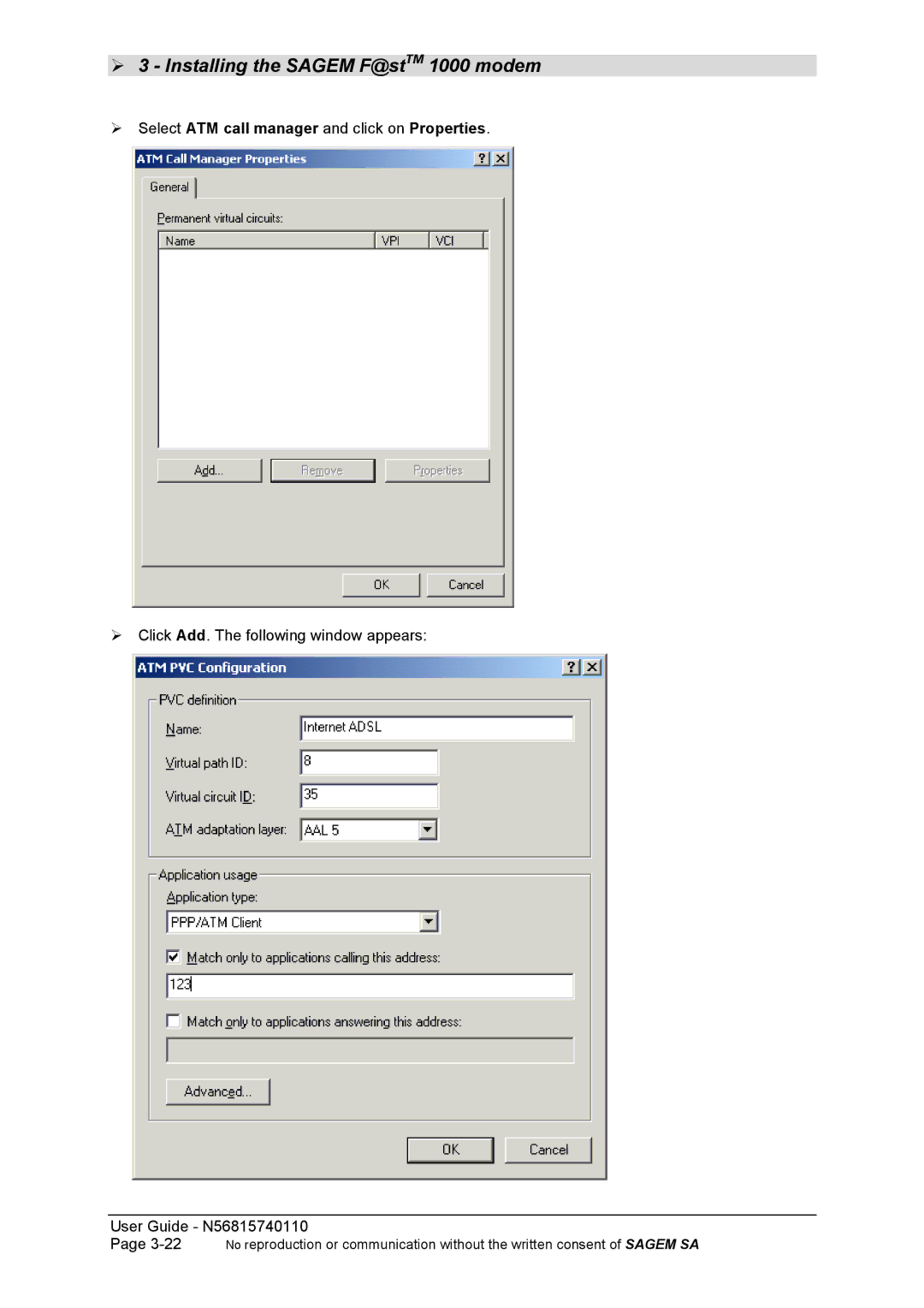 Sagem N56815740110 manual Select ATM call manager and click on Properties 