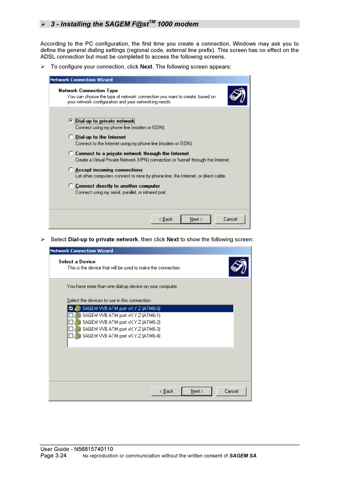 Sagem N56815740110 manual Installing the Sagem F@stTM 1000 modem 