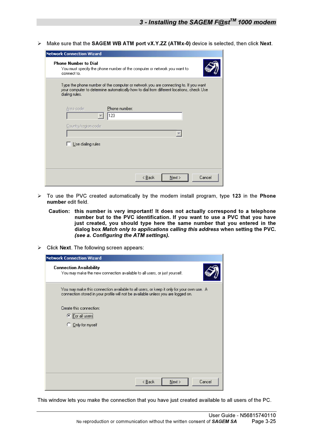 Sagem N56815740110 manual Installing the Sagem F@stTM 1000 modem 