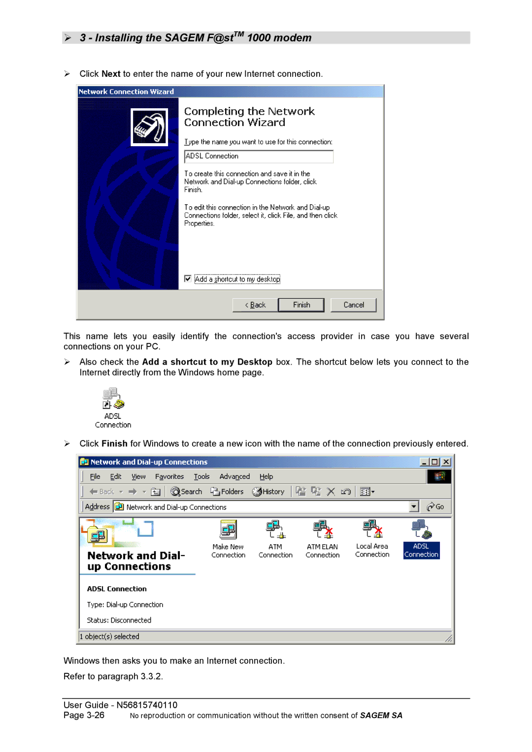 Sagem N56815740110 manual Installing the Sagem F@stTM 1000 modem 