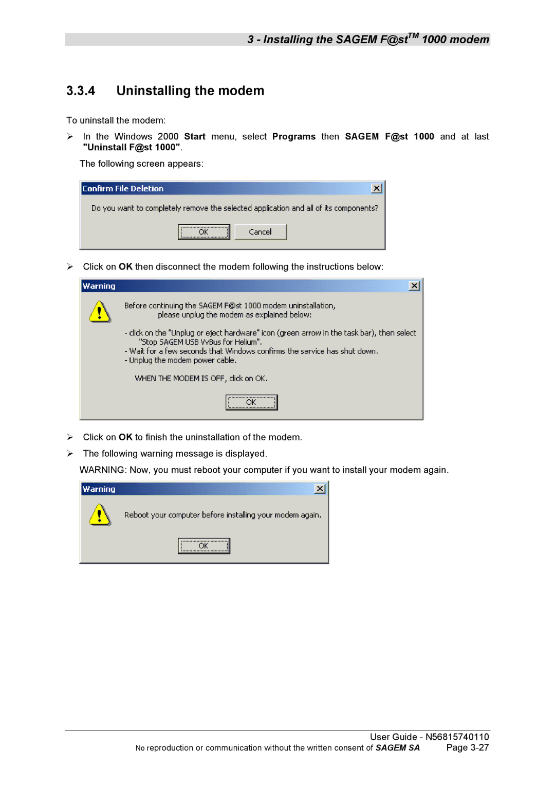 Sagem N56815740110 manual Uninstalling the modem 