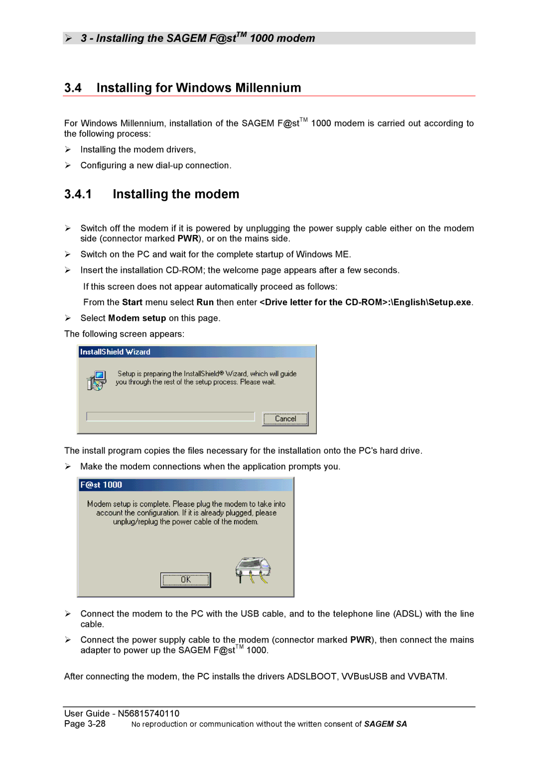 Sagem N56815740110 manual Installing for Windows Millennium, Installing the modem 