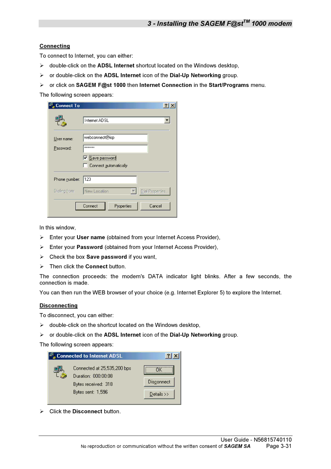 Sagem N56815740110 manual Connecting, Disconnecting 