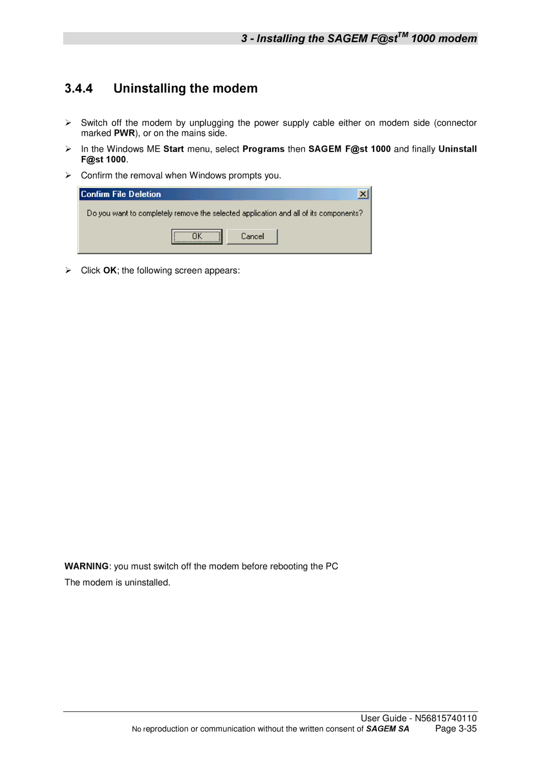 Sagem N56815740110 manual Uninstalling the modem 