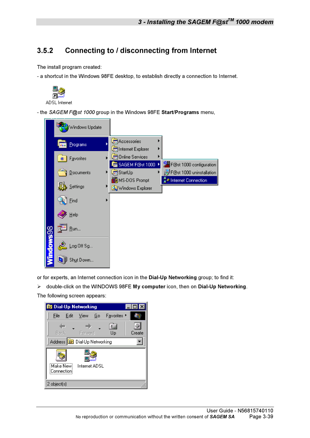 Sagem N56815740110 manual Connecting to / disconnecting from Internet 