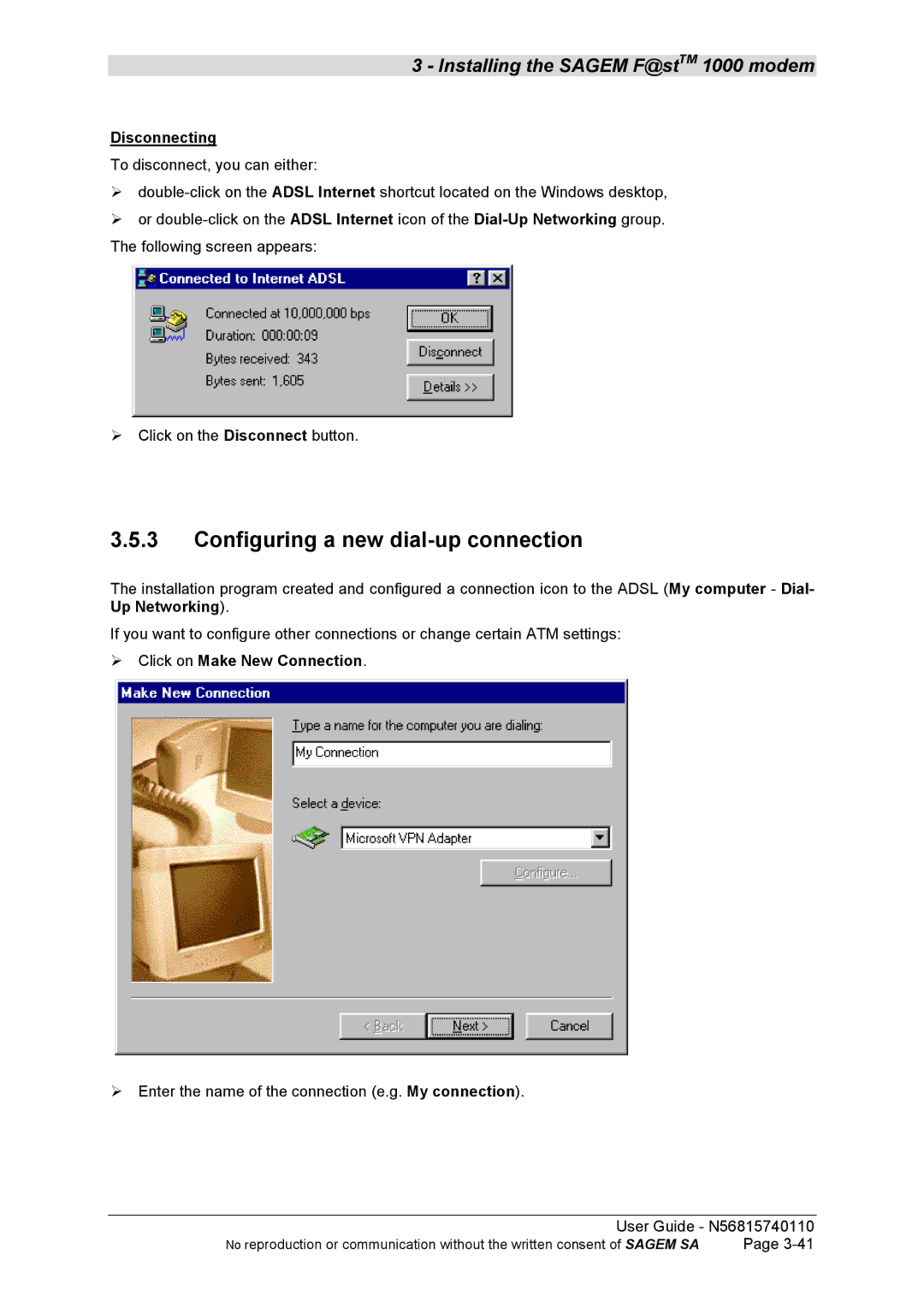 Sagem N56815740110 manual Disconnecting, Click on Make New Connection 