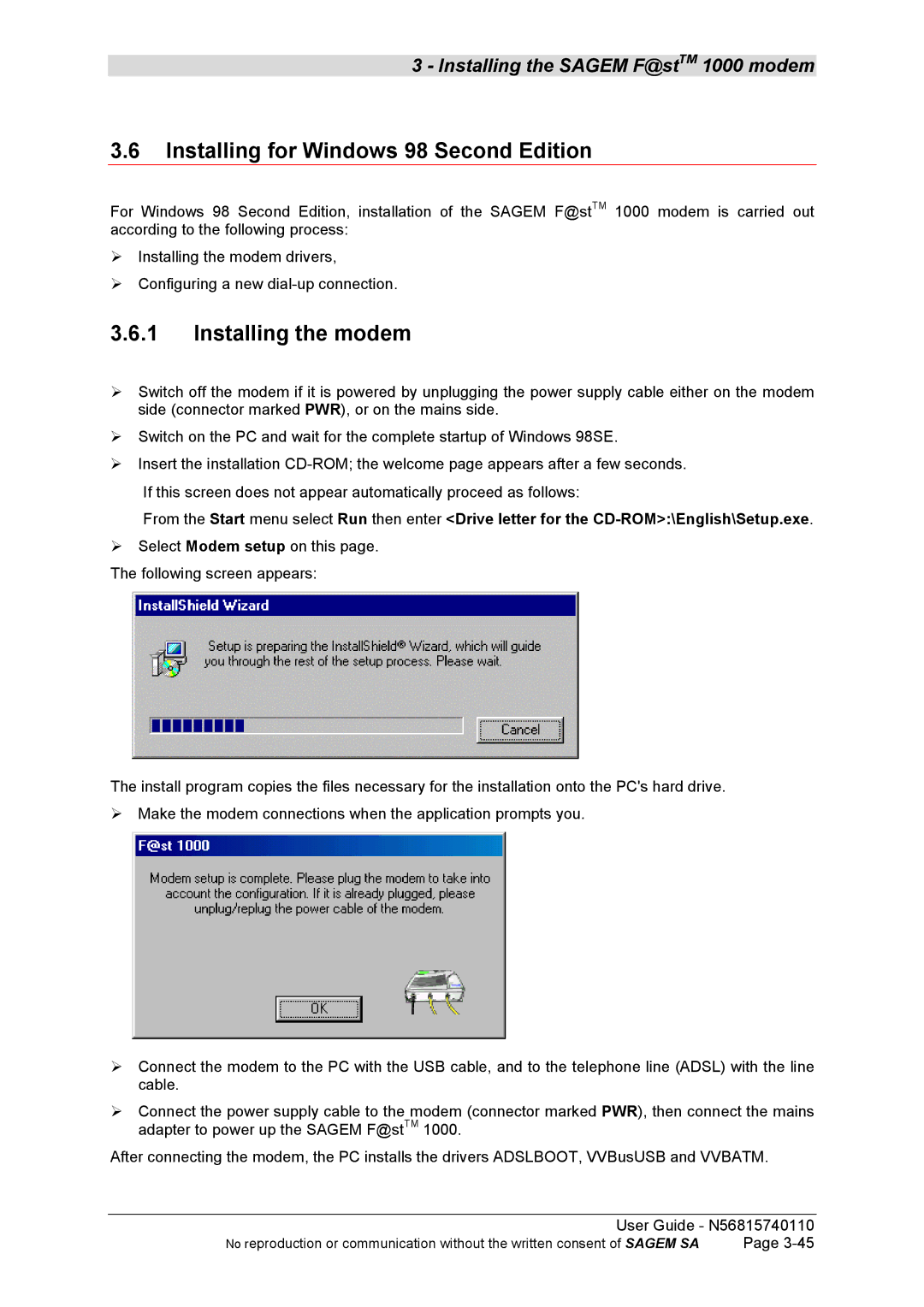 Sagem N56815740110 manual Installing for Windows 98 Second Edition, Installing the modem 