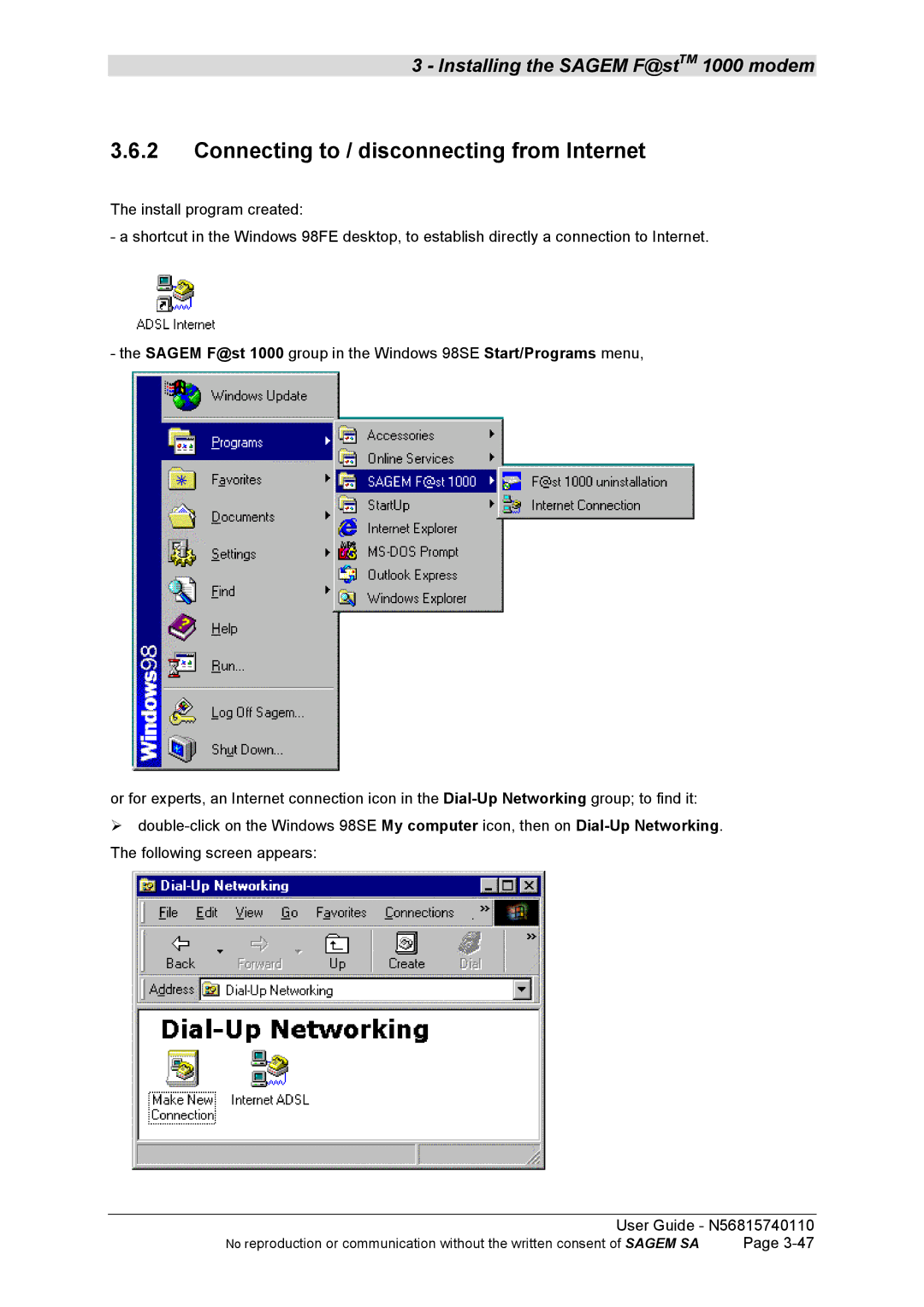 Sagem N56815740110 manual Connecting to / disconnecting from Internet 