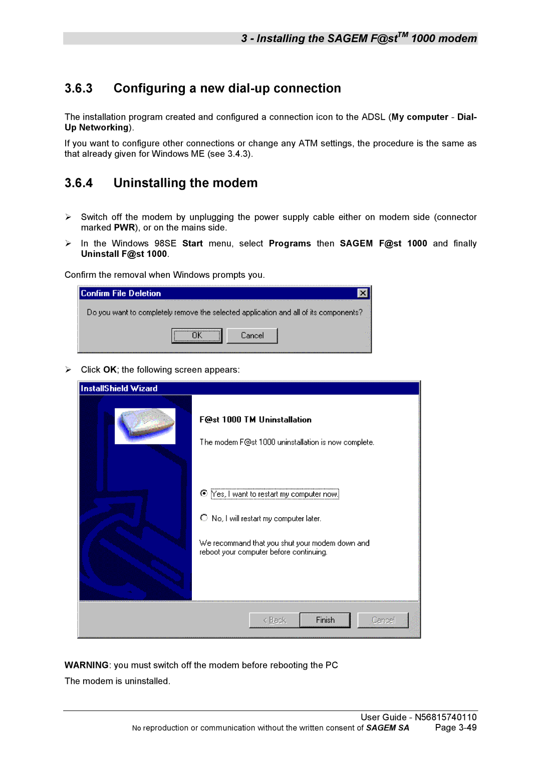 Sagem N56815740110 manual Configuring a new dial-up connection 