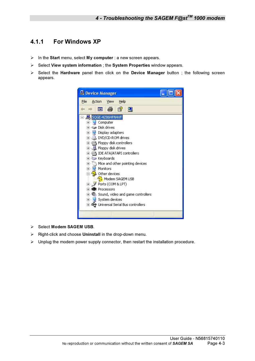 Sagem N56815740110 manual For Windows XP, Select Modem Sagem USB 